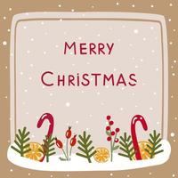 Merry Christmas. Greeting card with text on the background of snow with candy cane, fir branches, berries, orange. Vector illustration, for printing or design