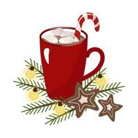Christmas mug with cocoa, marshmallows and candy cane. Next to a garland, branches of a fir tree with ginger cookies in the form of a star. Vector holiday illustration.