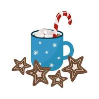 Christmas mug with cocoa, marshmallows and candy cane. Next to a star shaped ginger cookie. Vector holiday illustration.