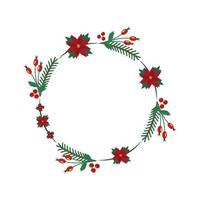 Christmas wreath with green fir branches, winter berries, rosehip and poinsettia. New Year vector illustration for postcards