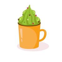 Yellow mug a mug with cocoa or coffee with whipped green cream and colored drops. Cute, cozy vector illustration. For a holiday card, banner, menu, coffee shop flyer.