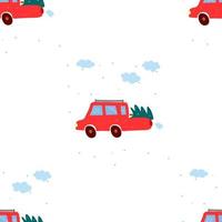 Seamless pattern with a red pickup truck carrying a Christmas tree in winter, it's snowing. Festive vector background for printing on paper, fabric, packaging.