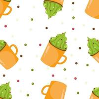 Christmas seamless pattern with bright mugs with whipped cream and drops on a white background. Festive background for printing on paper, fabric, textiles, packaging. vector