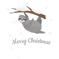 Merry Christmas, a postcard with a sloth on a tree and an inscription. Vector illustration for design and decor, banner