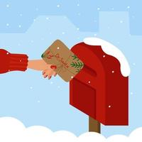 Sending a letter to Santa for Christmas concept. A girl's hand with a postcard and a mailbox. Vector winter illustration on a snow background, for a postcard, web, banner