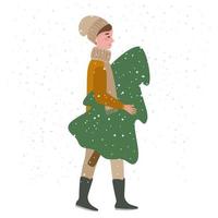 A girl is carrying a Christmas tree home, it's snowing outside. Preparation for the New Year holidays. Vector illustration for a postcard, banner, design or decor