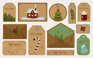 Christmas retro tags, letter and envelope set of festive elements. With inscriptions to Dear Santa, Happy New Year, Hello winter. Vector illustration with spots and scuffs