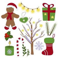 Christmas stickers set of cute elements. Gingerbread man, boot, candle, Lollipop, Christmas toy. Vector illustration isolated.