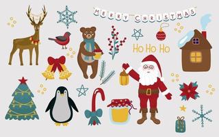 conjunto de elementos navideños con santa claus, ciervo, oso, pingüino, camachuelo, pino, copos de nieve. ilustración de vector de vacaciones de año nuevo en estilo de dibujos animados.