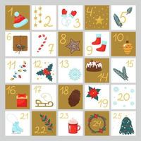 Christmas Advent calendar. Dates from the first to the 25th on postcards with New Year's pictures. Vector festive illustration of the December diary.