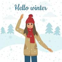 Hello winter, a postcard with a girl in a hat and warm clothes, it's snowing on the background of fir trees on the street. Vector illustration for postcards, banners, designer decor
