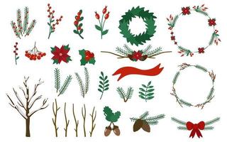 Set of Christmas twigs, berries, wreaths. Holly, poinsettia, Rowan, rose hip, acorn, pinecone. Vector illustration.