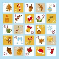 Advent calendar for Christmas. Dates from the first to the 25th on postcards with New Year's pictures. Candy cane, acorn, cookie, poinsettia, boot. Vector illustration.