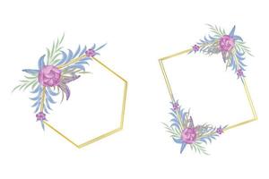 Gold geometric frame with purple peonies vector