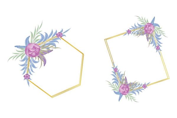 Gold geometric frame with purple peonies