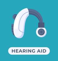 Vector illustration of a hearing aid isolated on a blue background. Help for people with problems.