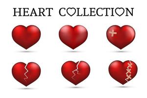 Red heart collections. Set of six realistic hearts isolated on white background. 3d icons. Valentine s day vector illustration. Love story symbol. Easy to edit design template.