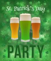 St. Patrick's Day party banner with clover shamrock and beer glasses on a bright green background. Traditional irish vector illustration. Easy to vector design template.