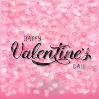 feliz día de san valentín letras de mano de caligrafía sobre fondo rosa suave con confeti de corazones cayendo. vector fácil de editar