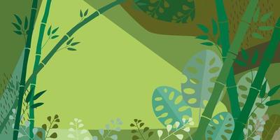 Template banner, poster, flyer in a tropical style. Monstera leaves, bamboo stalks, empty space for text. Vector image.