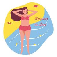 Young woman, slightly plump, in a bathing suit. Lies on the beach, feet in the water. Fish peeking out of the water. Near the girls glasses and a book. Text Summer in love. Vector summer plot.