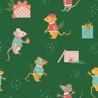 Kids seamless pattern with mice in suits and gift boxes. Christmas illustration with new year symbols. Funny characters of mice with sprigs of spruce and New Year's toys. Green festive background