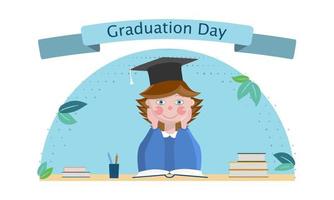 Cartoon girl sitting at the table. On the table is an open book and piles of books, a glass with pencils. On the girls head is an academic cap. Caption Graduation Day.