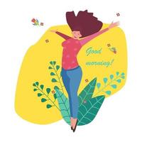 A young woman stretches up, spread her arms to the side. Brunette with closed eyes, against the background of yellow color of the sun, leaves, flowers, birds. Text Good Morning. Vector