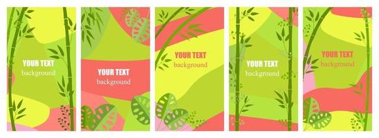 Set of abstract backgrounds in pink and green with space for text. Design of banner, poster, advertising content in networks, social media promotional. Tropical leaves, jungle, bamboo stalks vector