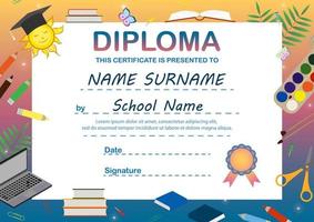 Colorful template of diploma, certificate for children. Educational preschool concept, flat design. Congratulation background with learning symbols and space for the name of the child. Vector