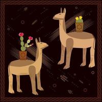 A set of two unusual lamas. Cute animals with cacti on the back. Ethnic fresco, frame in dark brown color with ornament. Vector llama character.