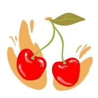 Modern cherry with splashes in hand drawn style. Vector illustration