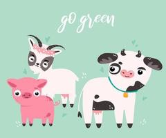 A poster in support of avoiding meat. Animals are friends, not food. Go green slogan. Flat vector illustration in hand drawn style