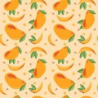 Seamless modern pattern with mango and dots in hand drawn style. Vector summer pattern in orange