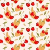 Seamless modern pattern with cherries and splashes in hand drawn style. Vector summer pattern in red