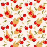 Seamless modern pattern with cherries and splashes in hand drawn style. Vector summer pattern in red