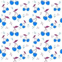 Seamless modern pattern with cherries and dots in hand drawn style. Vector summer pattern in blue