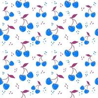 Seamless modern pattern with cherries and dots in hand drawn style. Vector summer pattern in blue