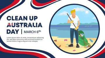 limpiar el diseño del día de australia con un hombre limpiando la playa vector