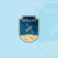 satellite at space moon emblem logo vector illustration template icon graphic design. galaxy and universe planet sign or symbol for science and technology concept