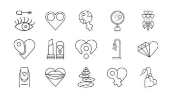 Set of 15 women related icons. Modern heart, diamond, location, world, lip, mirror, lipstick, nail, flower etc icon set. Linear women's day icon template. Simple linear vector white background.