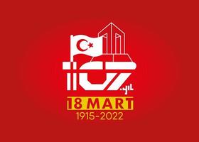 Logotipo del 18 de marzo del 107 aniversario. bandera de diseño moderno y monumento a los mártires de canakkale de la luna. diseño moderno y listo para compartir. 18 de marzo monumento a la libertad de canakkale y aniversario. fondo rojo vector