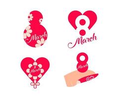 Set of 4 March 8 logos. Women's day 8 march icon set from modern heart. 8 march day flower inside heart icon. Linear and colorful women's day icon template. Simple linear vector white background.