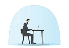 Man Protected Under a Glass Dome Works From Home to Avoid Corona Virus Danger. Self quarantine. Smart Working Concept. vector