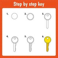 Drawing lesson for children. How draw a key. Drawing tutorial. Step by step repeats the picture. Kids activity art page for book. Vector illustration.