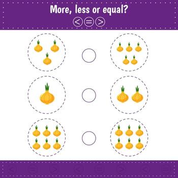 Mathematics educational game for children. Learning counting and algebra kids activity. Complete the mathematical equation task, choose more, less or equal vector