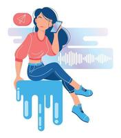 A young beautiful girl is sitting and talking on the phone or listening to an audio message. vector