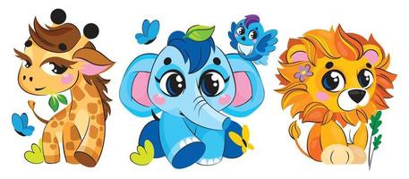 African animal children's illustration with cute little lion, girf, elephant and bird. vector