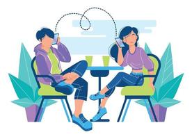 el hombre y la mujer modernos jóvenes están sentados en sillones en la mesa y hablando por teléfono. conversación en un café o en el parque. vector