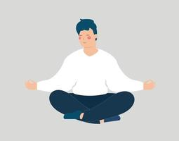 el hombre medita en el suelo con los ojos cerrados. el joven se sienta con las piernas cruzadas y practica yoga. adolescente hacer ejercicios de respiración por la mañana. paz interior, cuidado de la salud y concepto corporal positivo. vector